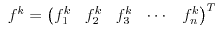 $$ f^{k}=\begin{pmatrix} f_1^{k} & f_2^{k} & f_3^{k} & \cdots & f_n^{k} \end{pmatrix}^T$$